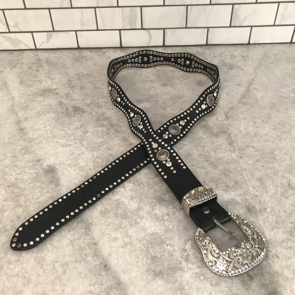 Western Rhinestone Belt Womens 38 Black Concho Silver Engraved Buckle Studded - Picture 1 of 7